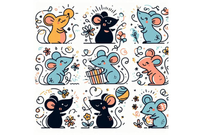 Cute mice greeting background. Funny cartoon mo