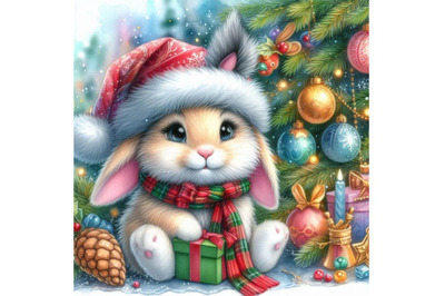 New year bunny and Christmas tree background