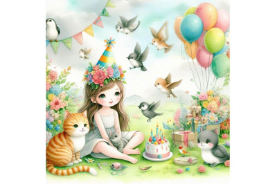 Cat and bird. kid background for celebrate festival and bir