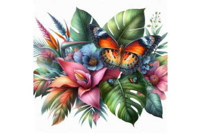 Butterfly, tropical leaves and exotic flower