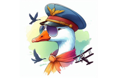 Funny goose aviator hat watercolor. fashion print