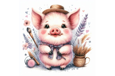 Cute pig hand drawn watercolor illustration