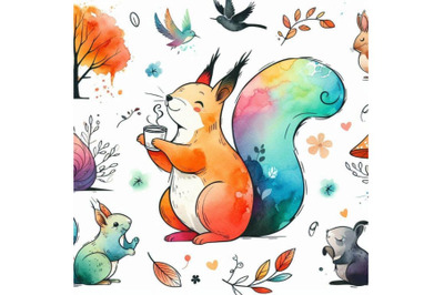 Funny squirrel cute pets watercolor illustration