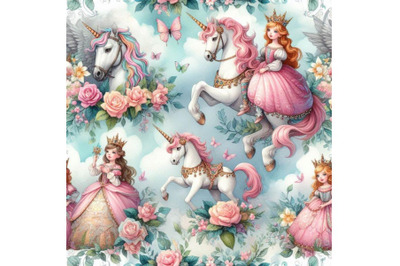 Seamless patterns with unicorn and princess