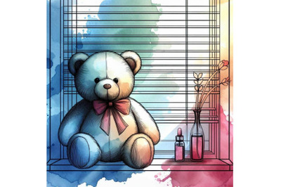 Teddy bear on the window. watercolor illustration