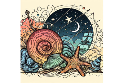 Seashell and ship rope background with sea sand