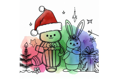 Funny bunny and Christmas watercolor background