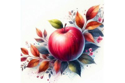 Red apple and leaves watercolor background