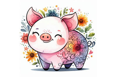 Cute pig. cartoon watercolor animal illustration