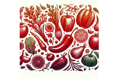 Red fruits and vegetables. Watercolor hand drawn f