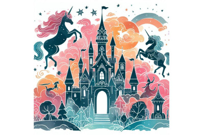 Castle of princess and unicorn seamless pattern. F