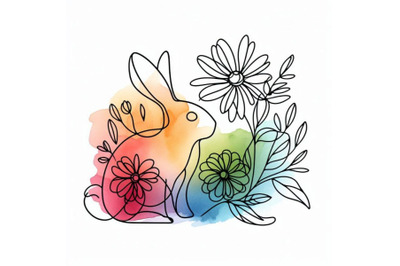 Funny rabbit and flower watercolor illustration