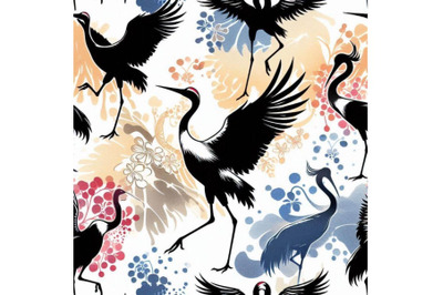 Watercolor Japanese crane bird seamless pattern