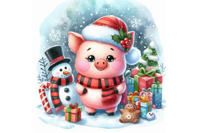 Watercolor cartoon Piggy illustration. Winter holiday hand