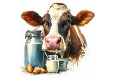 Cow. Cow watercolor illustration. Milking Cow Breed