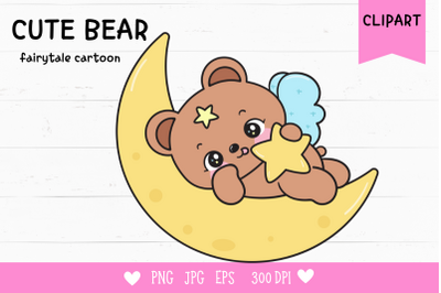 Teddy bear on moon hug star bedtime cartoon kawaii clipart