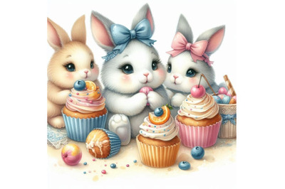 Cute rabbit and cupcakes. Watercolor bunny