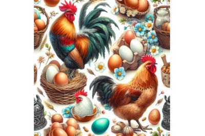 Seamless pattern with Chicken and Rooster