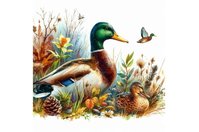 Wild duck mallard watercolor illustration