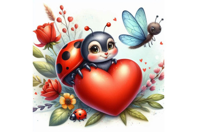 Valentine day and cute ladybug, red heart