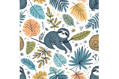 Cute sloth and tropical plant seamless pattern. trop