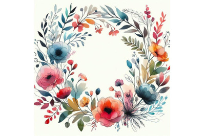 Wreath and Garden Flower background. watercolor