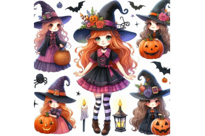 Watercolor illustration Girl witches and Halloween party