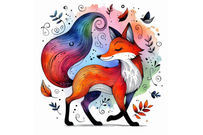 Funny fox, watercolor background. fashion print