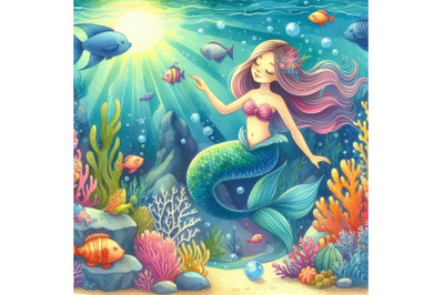 Underwater world. Mermaid watercolor illustration for children