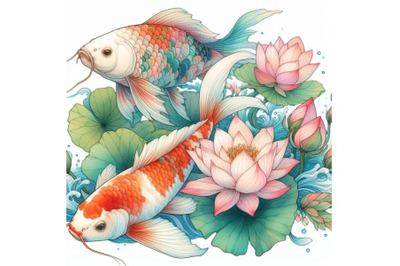 Watercolor koi carp and lotus flower. watercolor fish ba