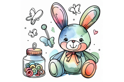 Watercolor Funny bunny. Toy bunny. background fo