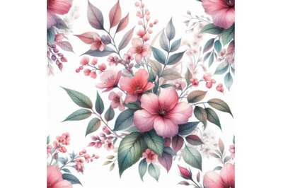 Watercolor pink flowers and leaves seamless pattern