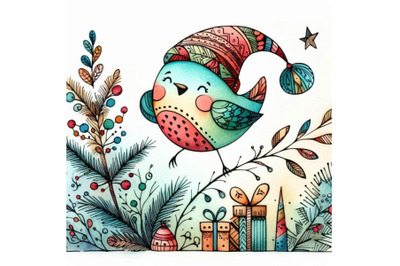 Funny Christmas bird. watercolor illustration