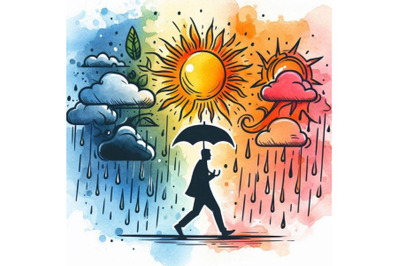 Cartoon sun and rain watercolor illustration