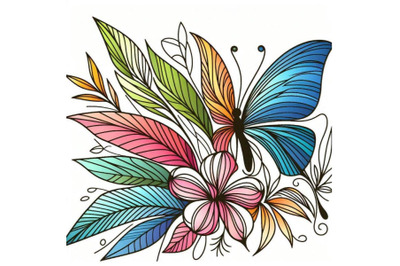 Butterfly, tropical leaves and exotic flower