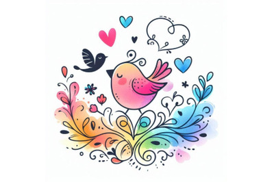 Cute bird and heart illustration watercolor