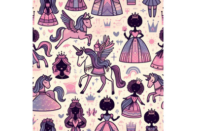 Seamless patterns with unicorn and princess