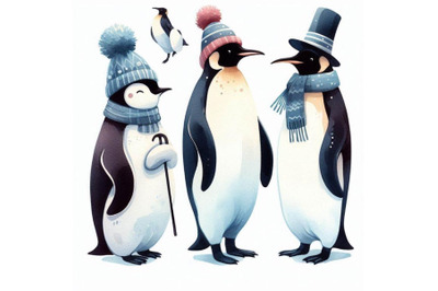 Emperor penguin set watercolor illustration