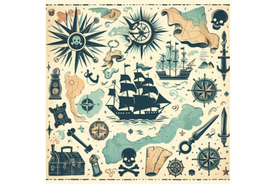 Pirate map. nautical design elements. watercolor re