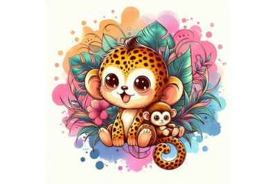 Funny monkey, leopard, watercolor background