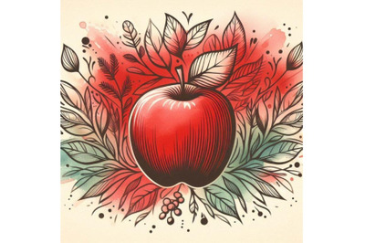 Red apple and leaves watercolor background