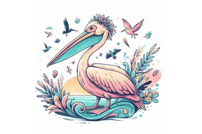 Pelican hand drawn watercolor illustration