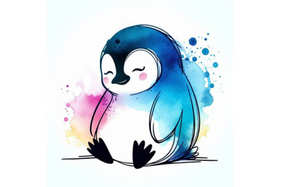 Cute fluffy bird penguin. Watercolor funny penguin