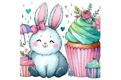 Cute rabbit and cupcakes. Watercolor bunny