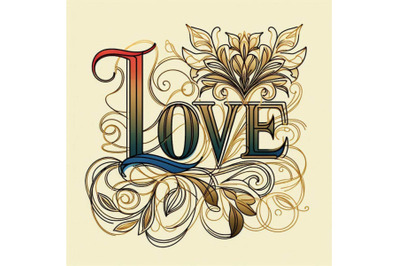 Love. vintage gold damask curl script. love text