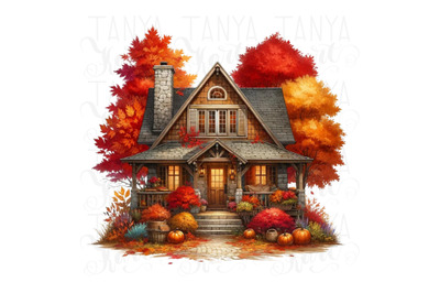 Autumn House PNG&2C; Fall Leaves Sublimation Print&2C; Crafting Files for Co