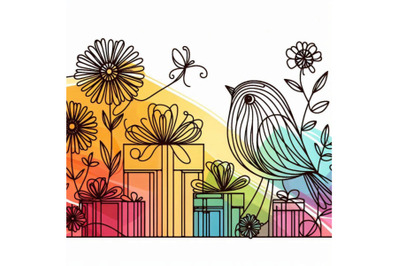 Little bird, gift and flowers background