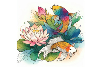 Watercolor koi carp and lotus flower. watercolor fish background i