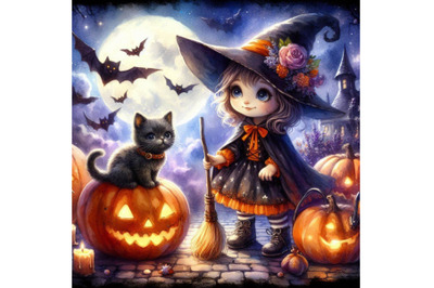 Halloween holiday little cat witch and pumpkin