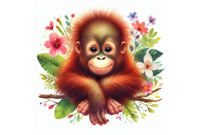 Watercolor orangutan illustration. cute monkey